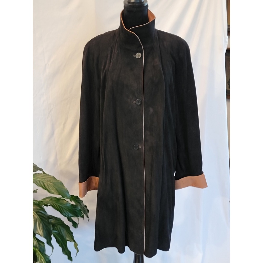 Overland Black Suede Leather Trim Funnel Neck Button Front Coat Womens 12